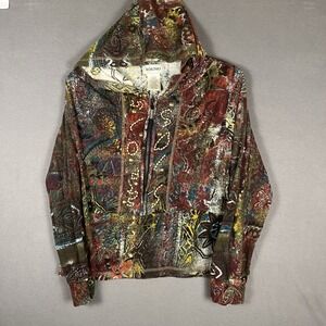 Boho Beaded Hippie Colorful Hooded 1/2 Zip Womens L Y2K Art